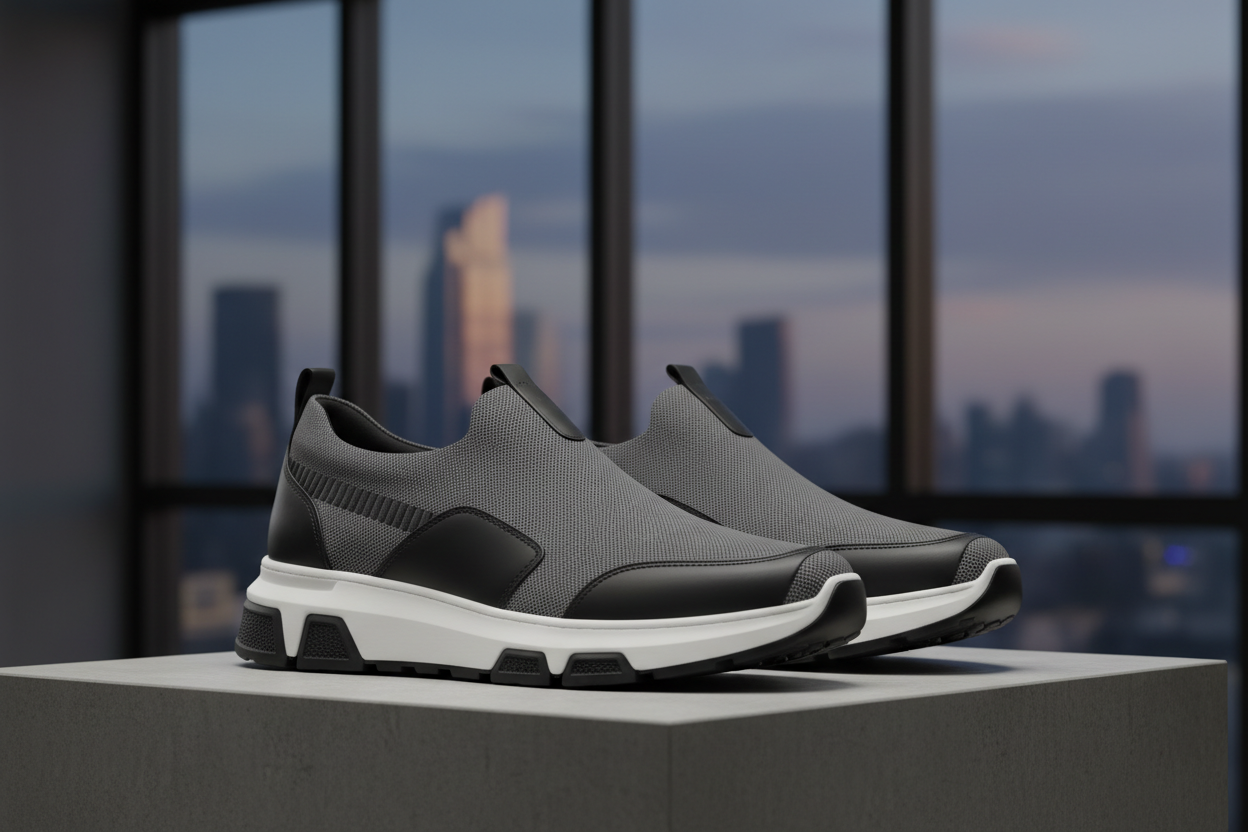 NOSHOELACES Trail runner in grey knit with black leather trim